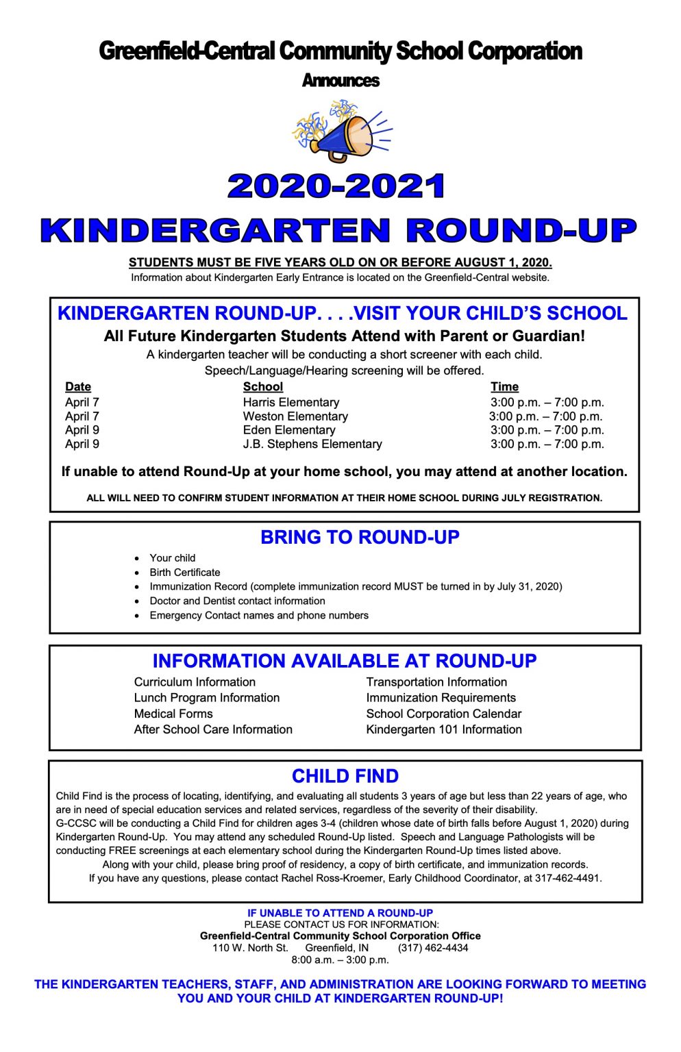 Kindergarten Round-Up 2020-2021 – Weston Elementary School