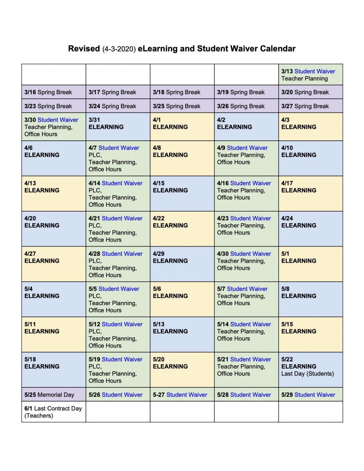 ELearning Schedule For The Remainder 2019 2020 COVID 19 Weston