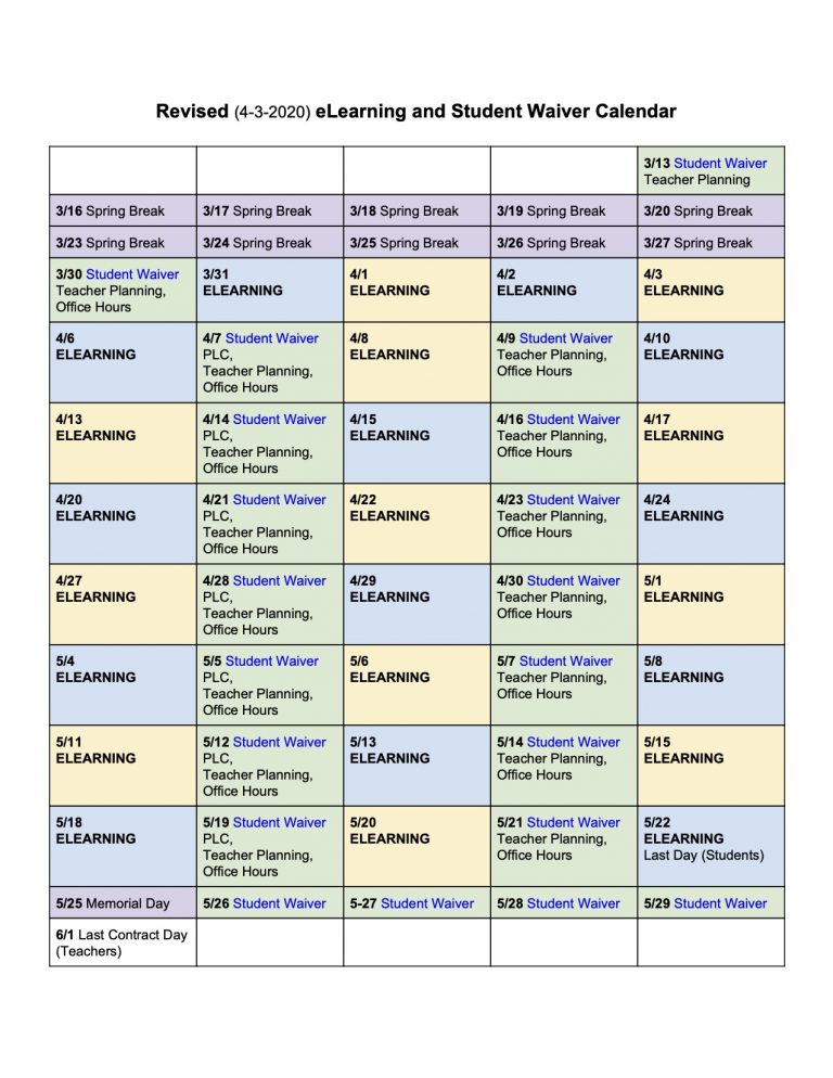 eLearning Schedule for the Remainder 20192020 = COVID 19 Weston